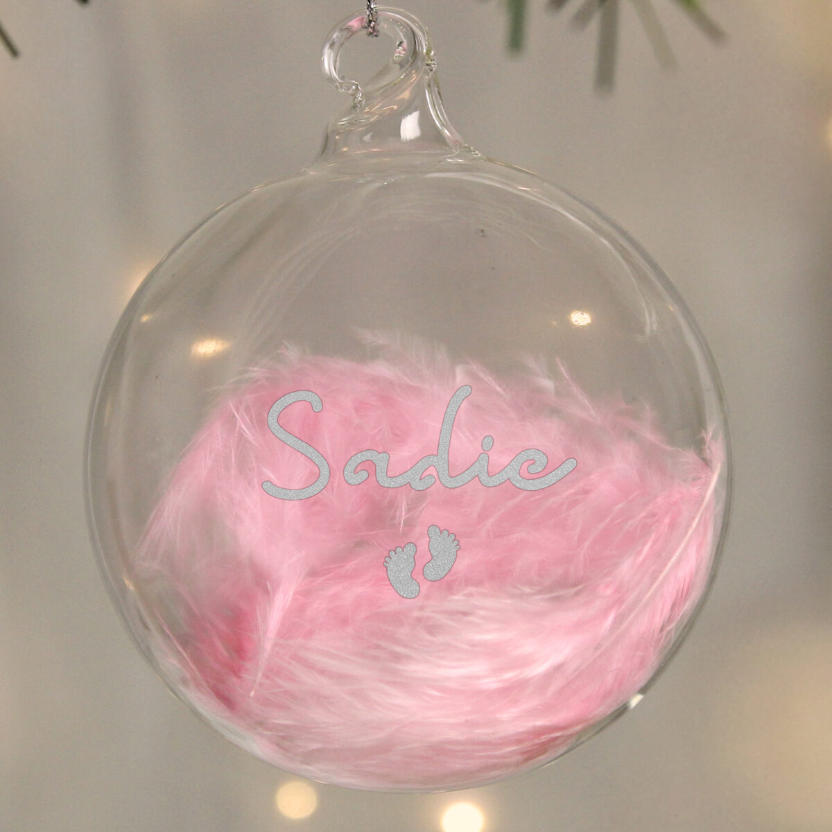 Personalised Pink Feather Silver Footprints Glass Bauble - Image 3