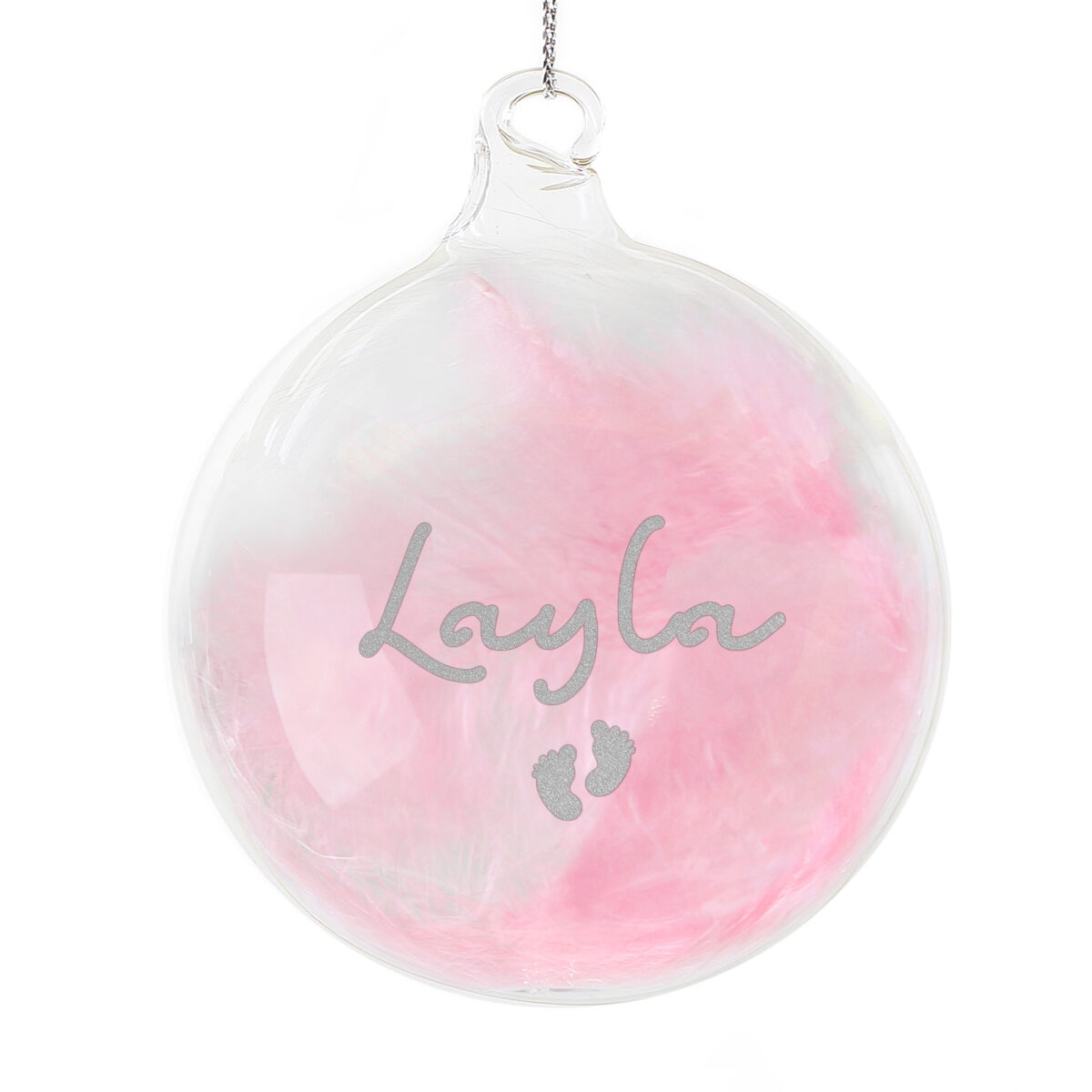 Personalised Pink Feather Silver Footprints Glass Bauble - Image 4