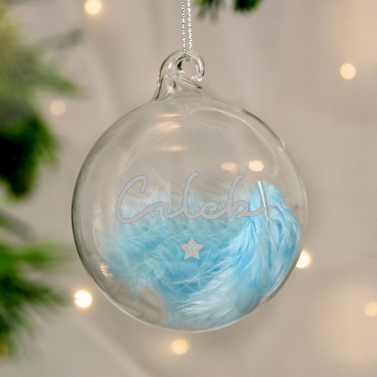Personalised Blue Feather Silver Star Glass Bauble - Image 2