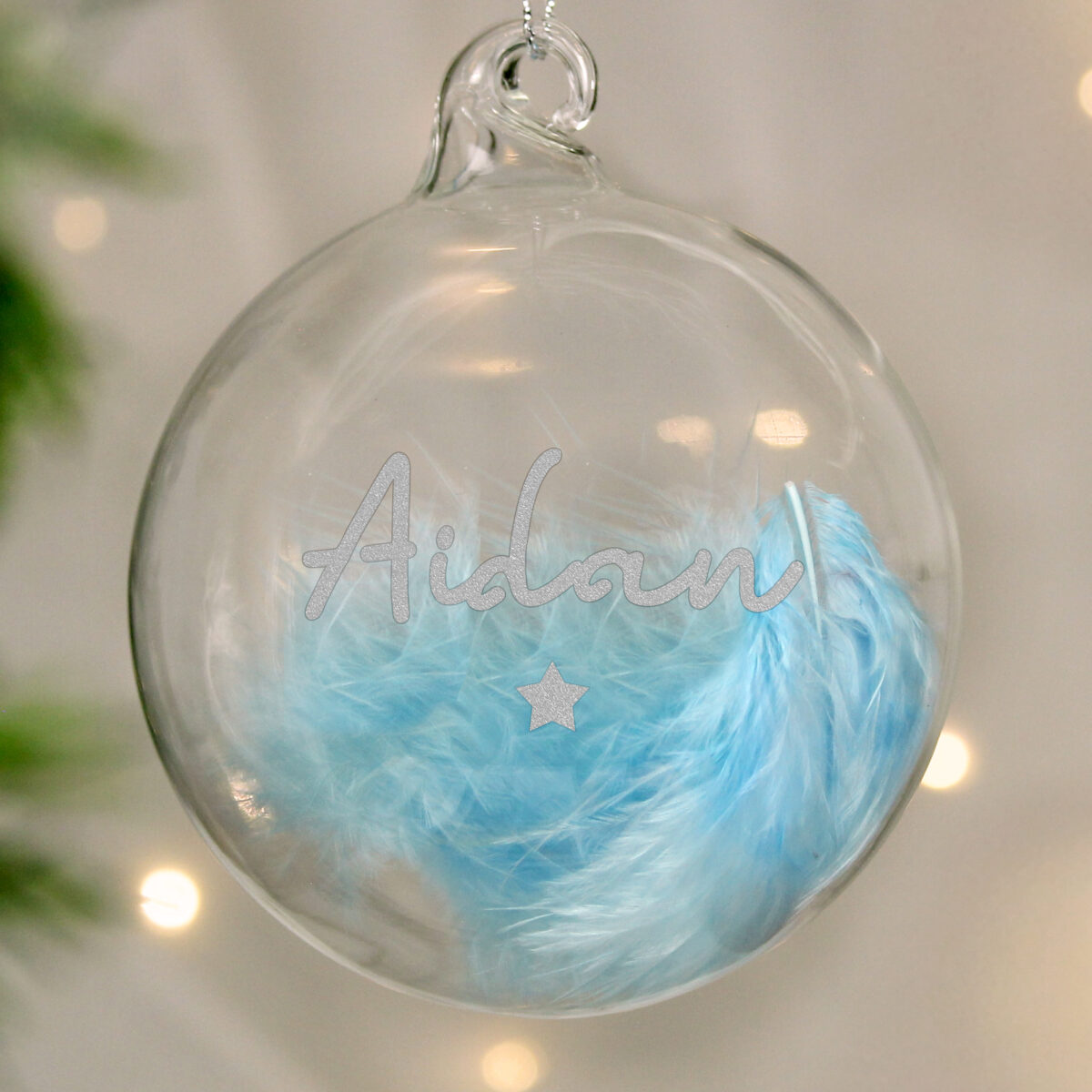 Personalised Blue Feather Silver Star Glass Bauble - Image 3