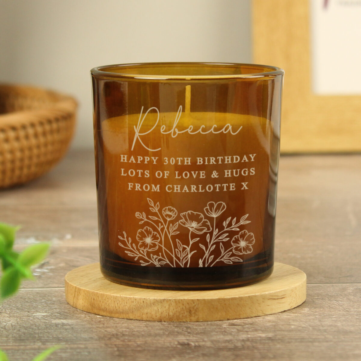 Personalised Wild Flowers Amber Glass Candle - Image 3