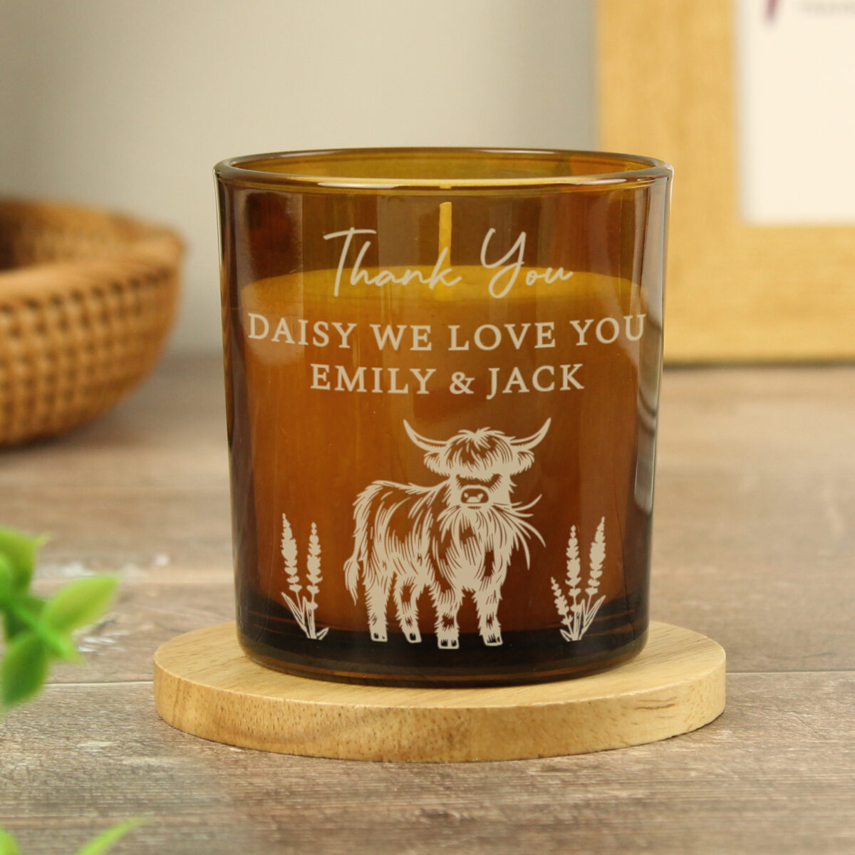 Personalised Engraved Highland Cow Amber Glass Candle - Image 3