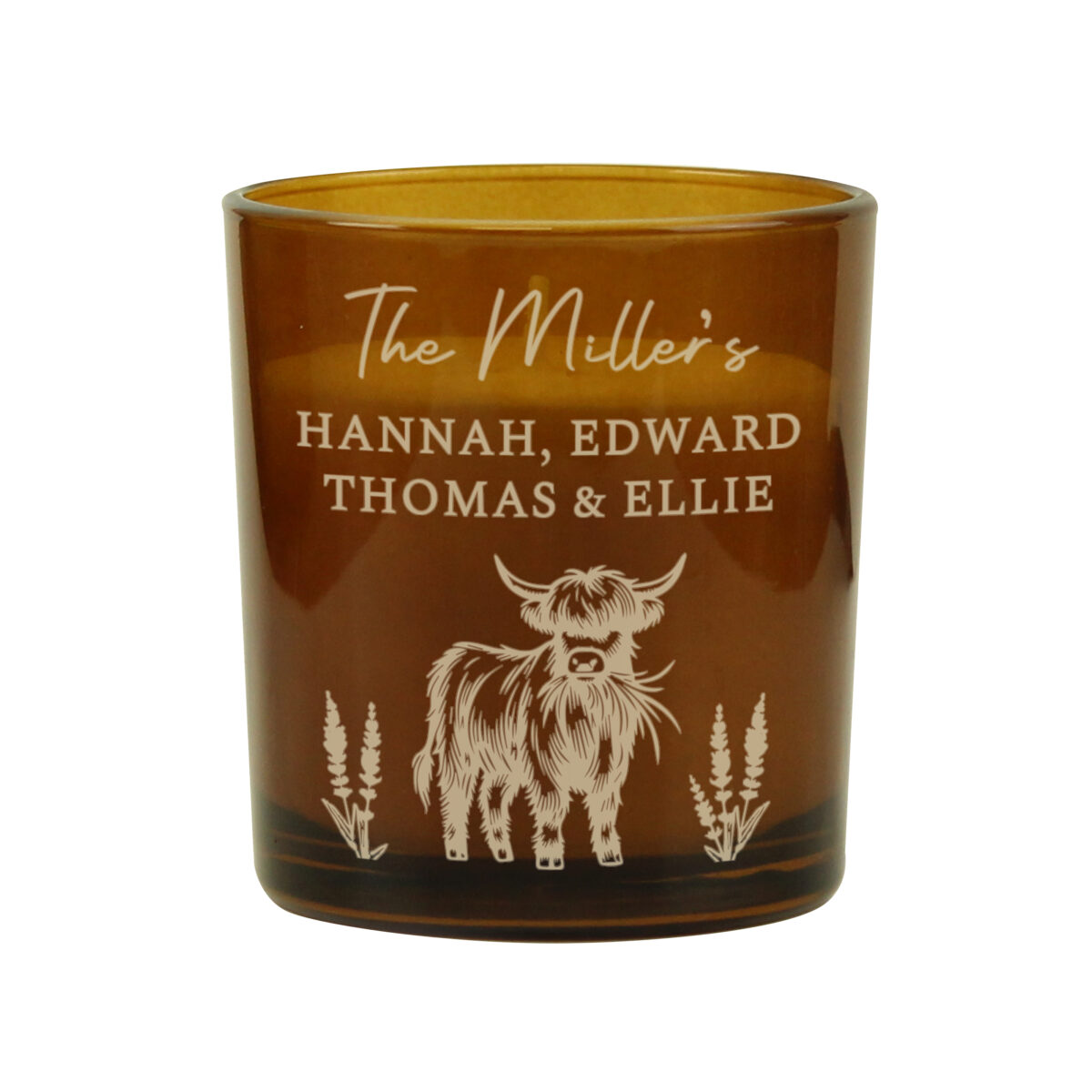 Personalised Engraved Highland Cow Amber Glass Candle - Image 4