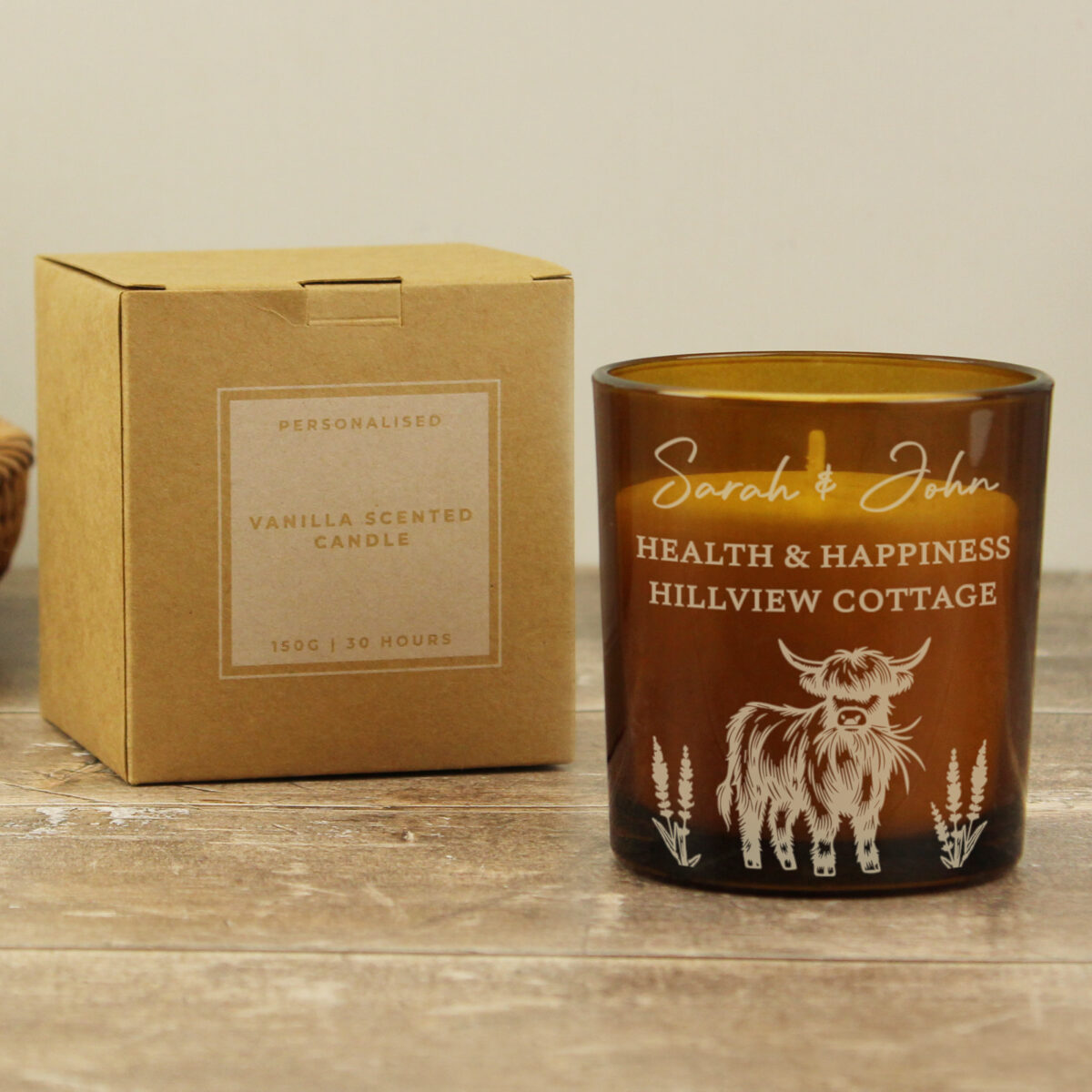 Personalised Engraved Highland Cow Amber Glass Candle - Image 5