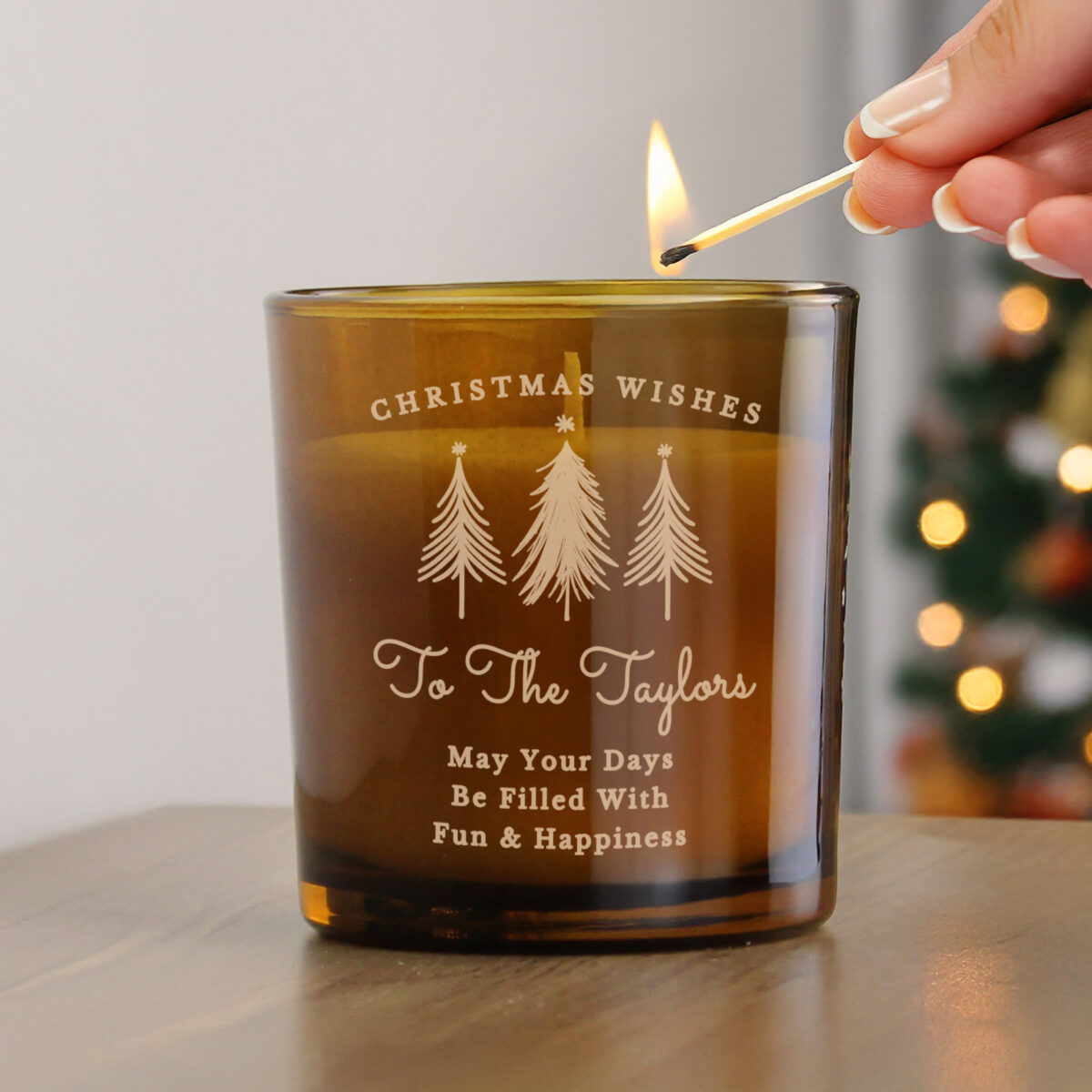 Personalised Christmas Tree Amber Glass Candle - Image 2