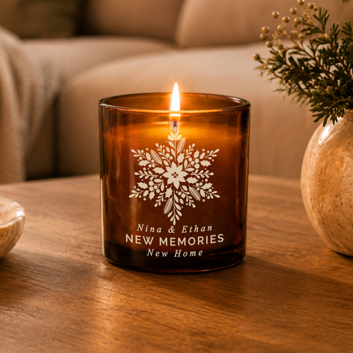 Personalised Snowflake Amber Glass Candle - Image 2