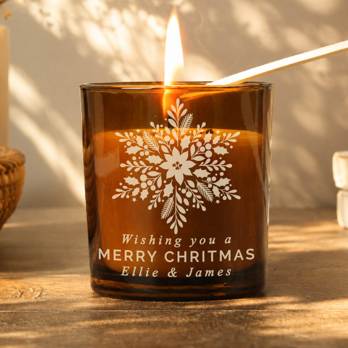 Personalised Snowflake Amber Glass Candle - Image 3
