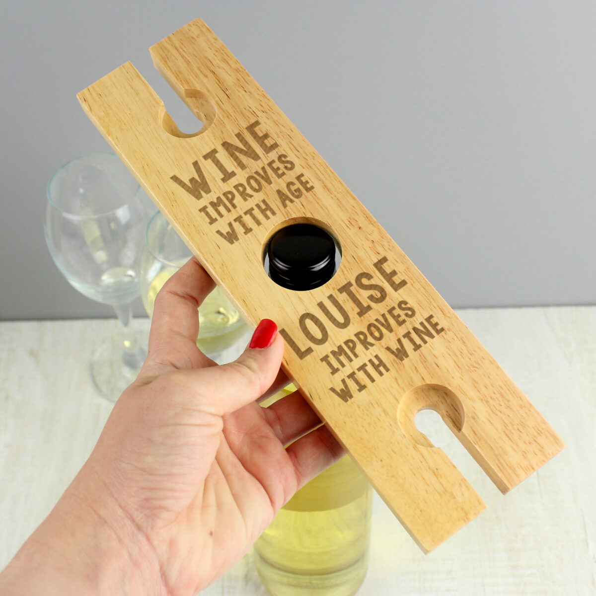Personalised 'Improves With Wine' Wine Glass & Bottle Holder - Image 5