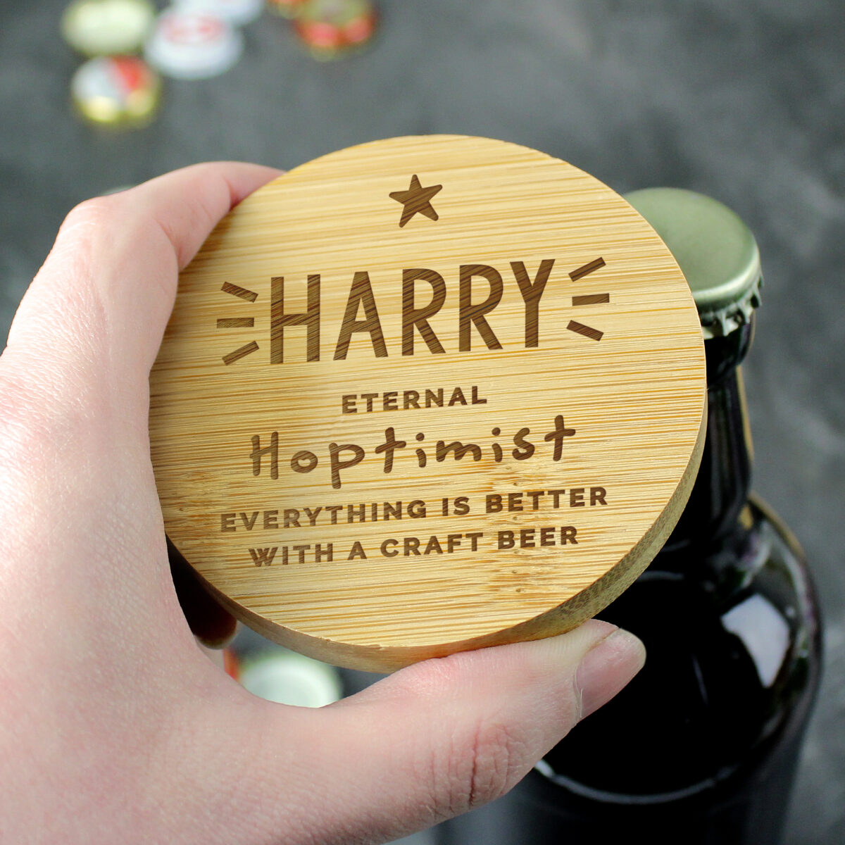 Personalised Star Bamboo Bottle Opener Coaster - Image 2