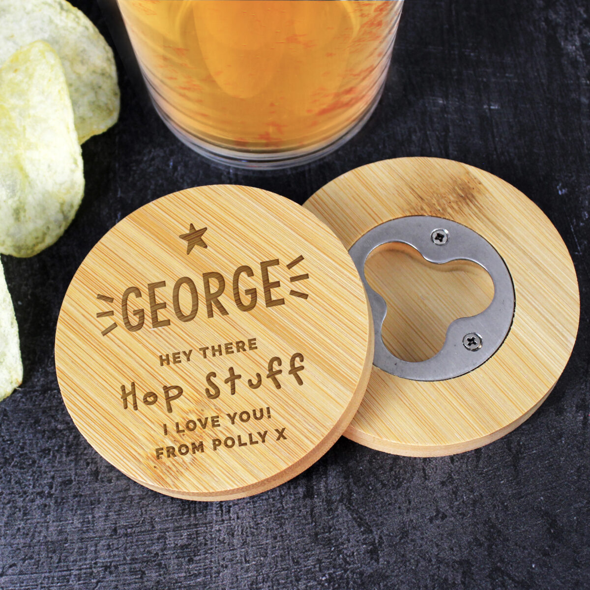 Personalised Star Bamboo Bottle Opener Coaster - Image 3