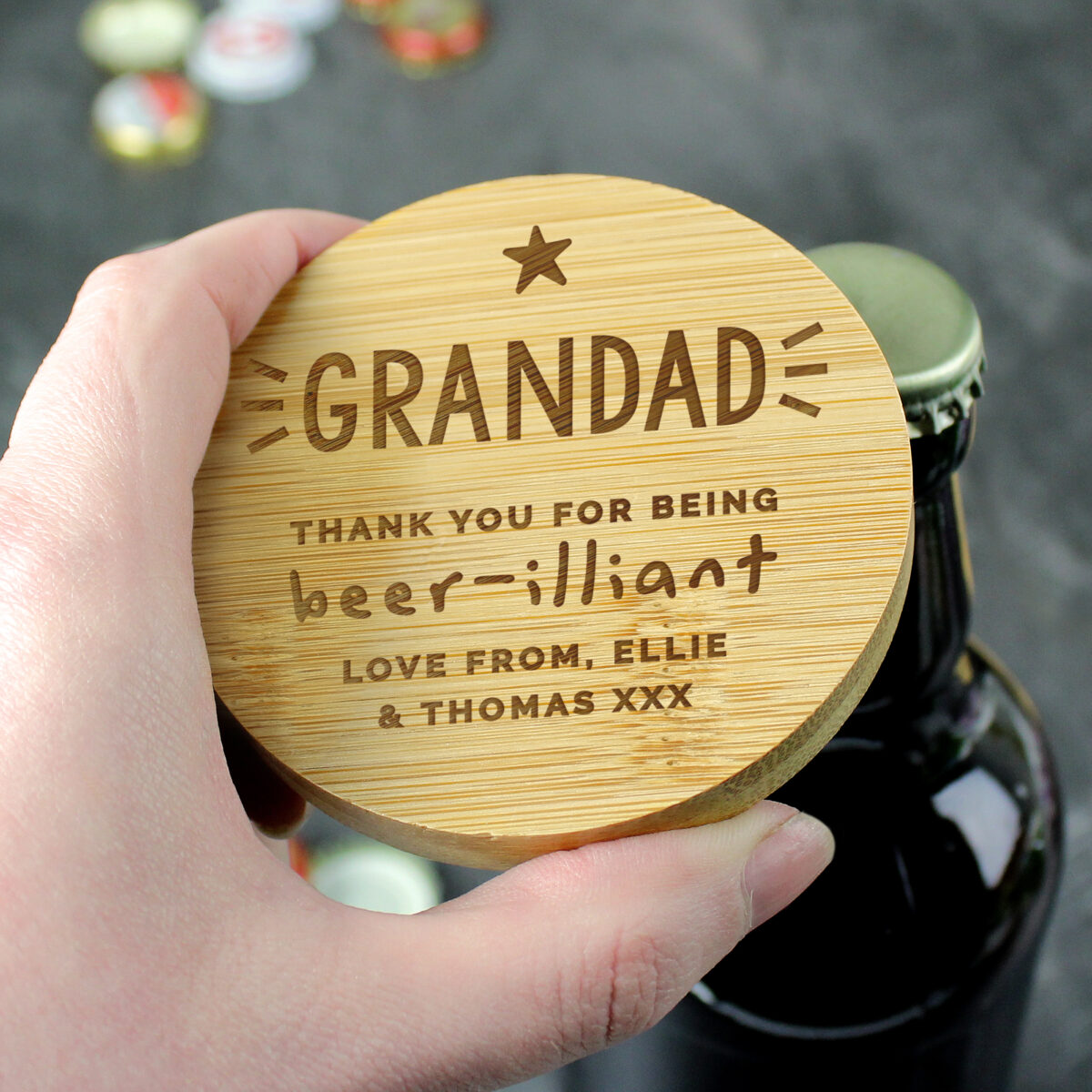 Personalised Star Bamboo Bottle Opener Coaster - Image 5