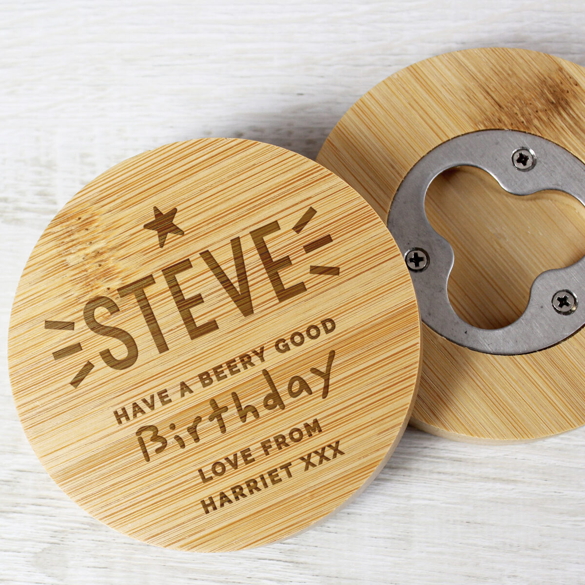 Personalised Star Bamboo Bottle Opener Coaster - Image 6
