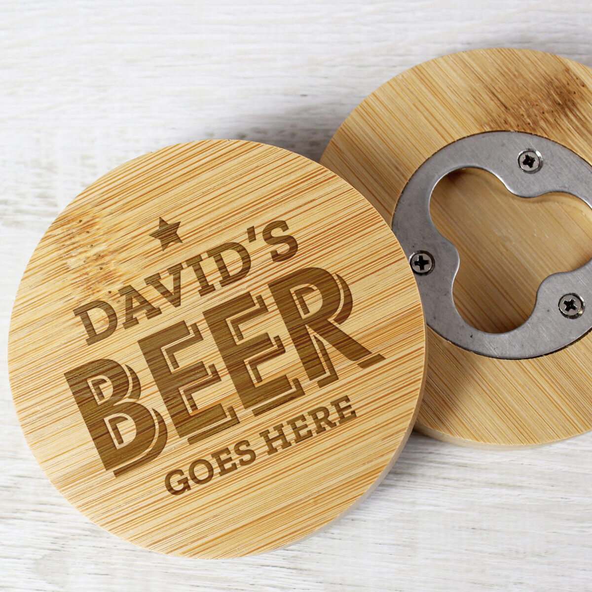 Personalised Beer Goes Here Bamboo Bottle Opener Coaster - Image 2