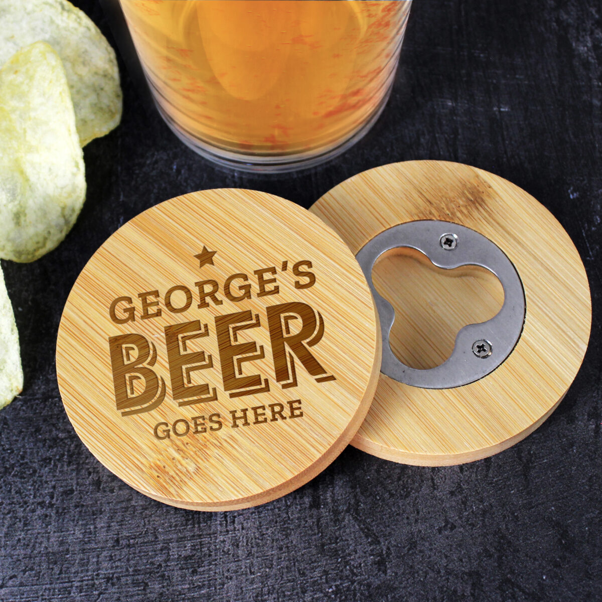 Personalised Beer Goes Here Bamboo Bottle Opener Coaster - Image 3