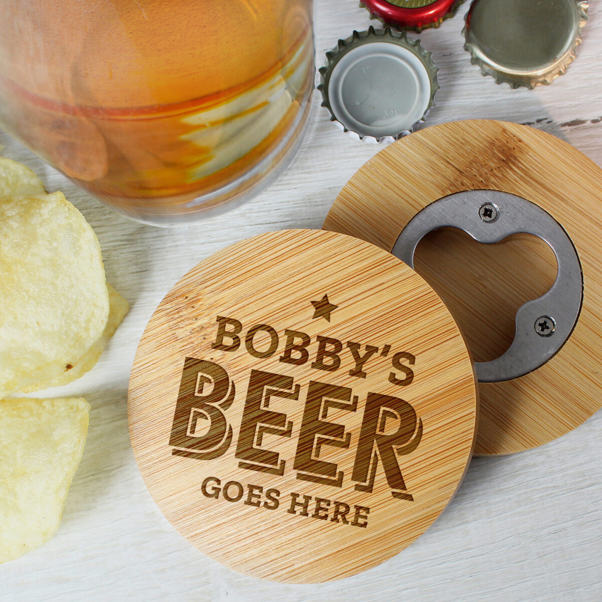 Personalised Beer Goes Here Bamboo Bottle Opener Coaster - Image 5