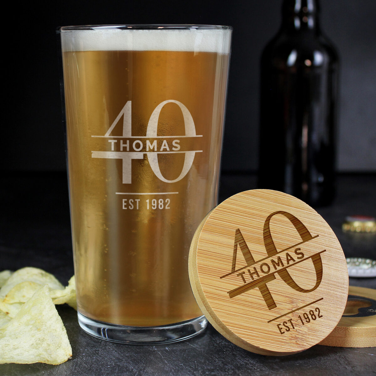 Personalised Big Age Bamboo Bottle Opener Coaster and Pint Glass Set - Image 2