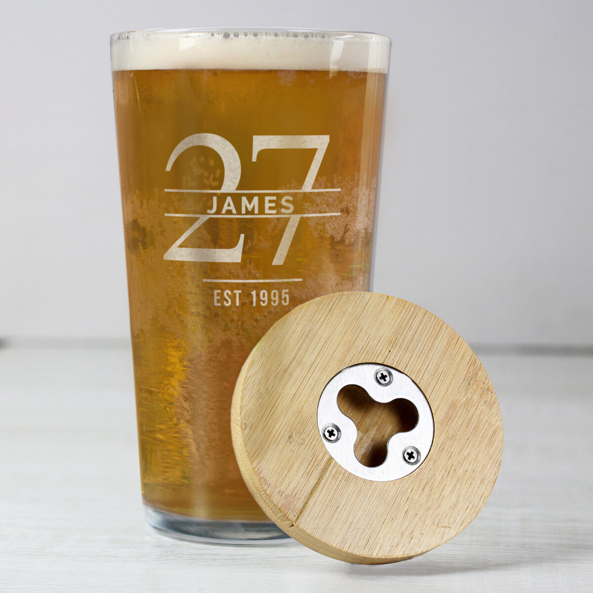 Personalised Big Age Bamboo Bottle Opener Coaster and Pint Glass Set - Image 3