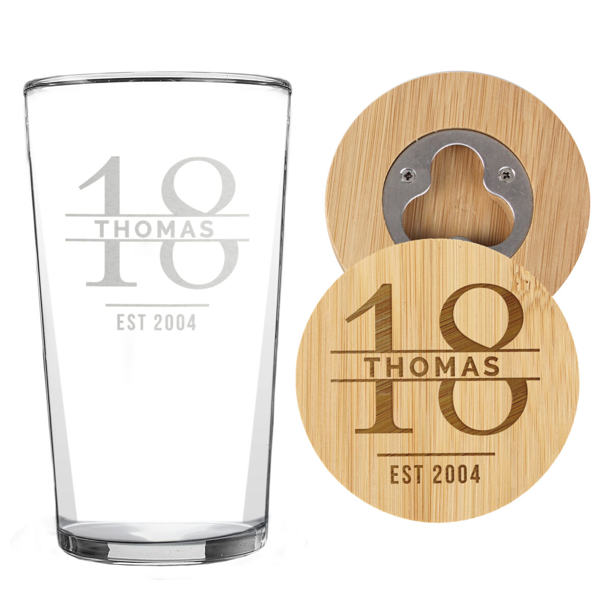 Personalised Big Age Bamboo Bottle Opener Coaster and Pint Glass Set - Image 4