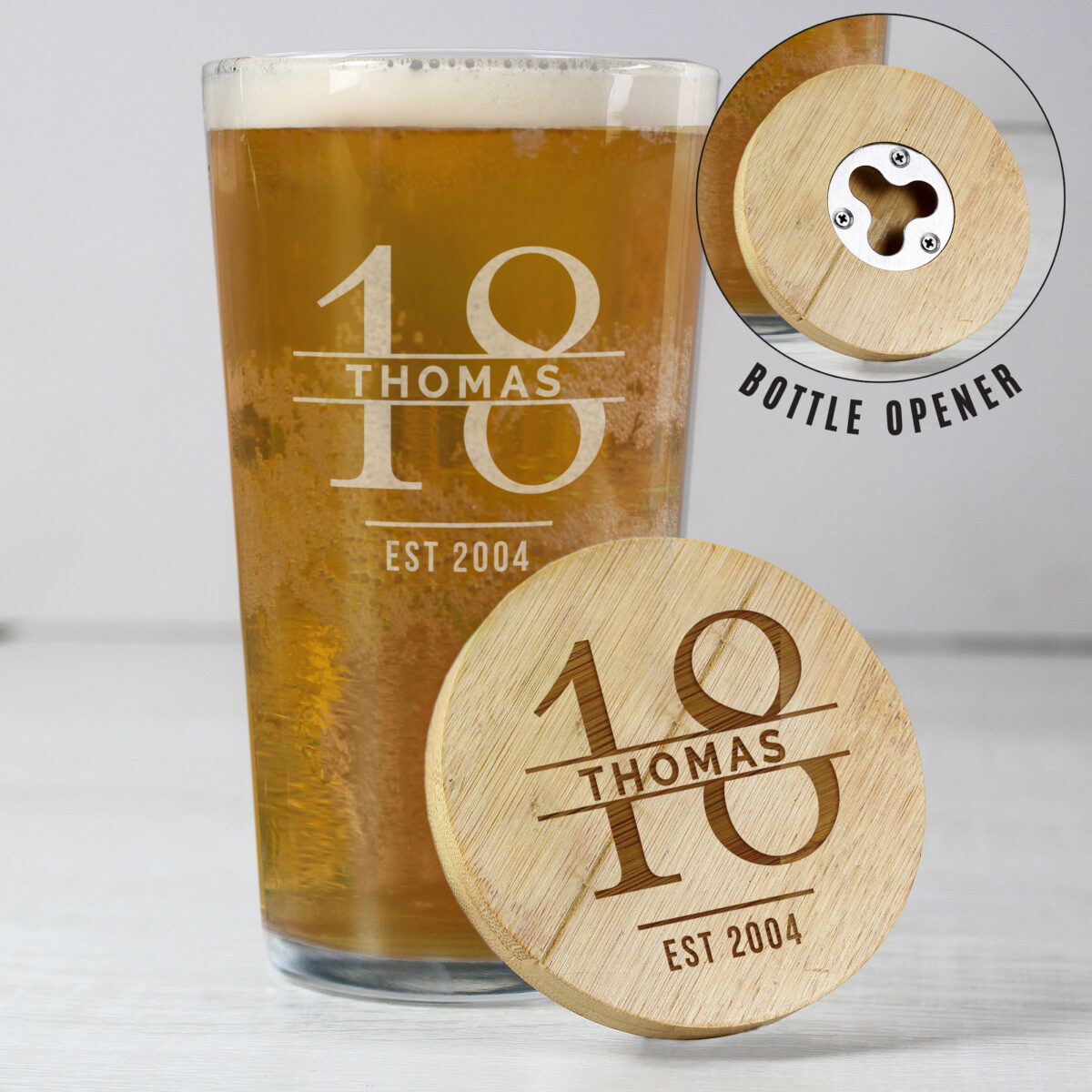 Personalised Big Age Bamboo Bottle Opener Coaster and Pint Glass Set - Image 6