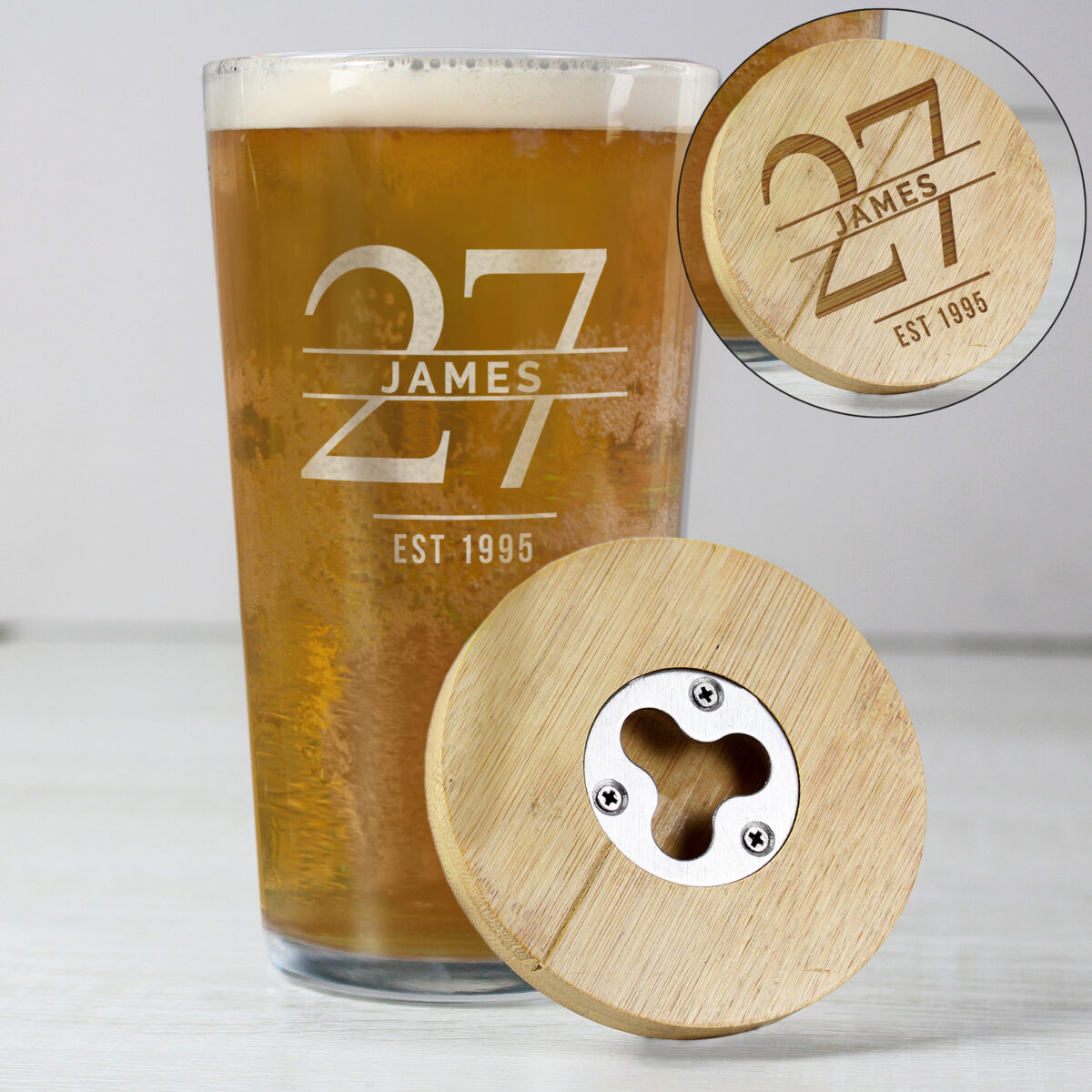 Personalised Big Age Bamboo Bottle Opener Coaster and Pint Glass Set - Image 7