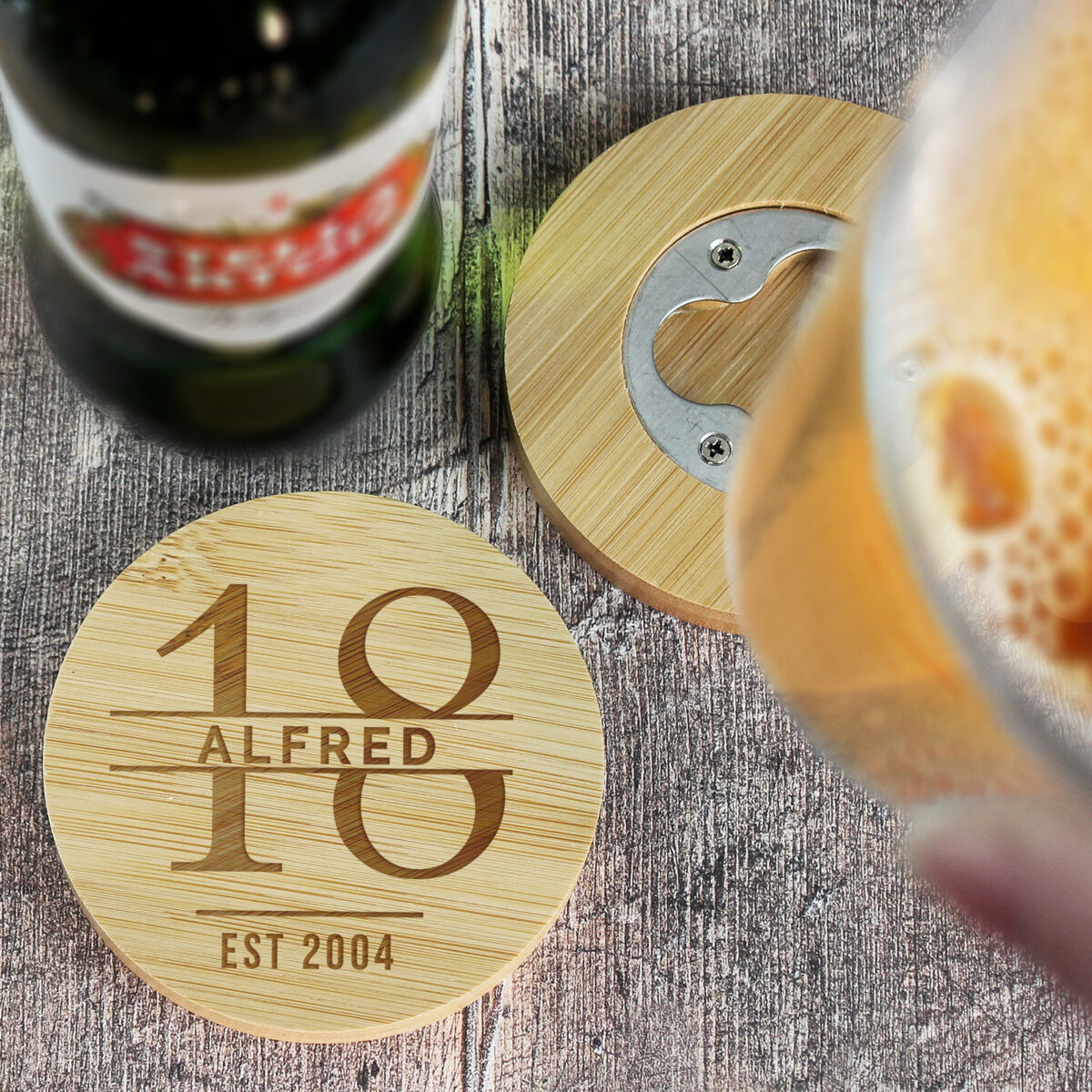 Personalised Big Age Bamboo Bottle Opener Coaster and Pint Glass Set - Image 8