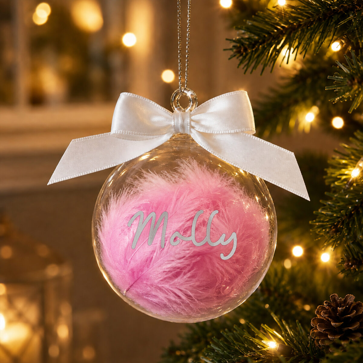 Personalised Pink Feather Name Glass Bauble With Ribbon - Image 2