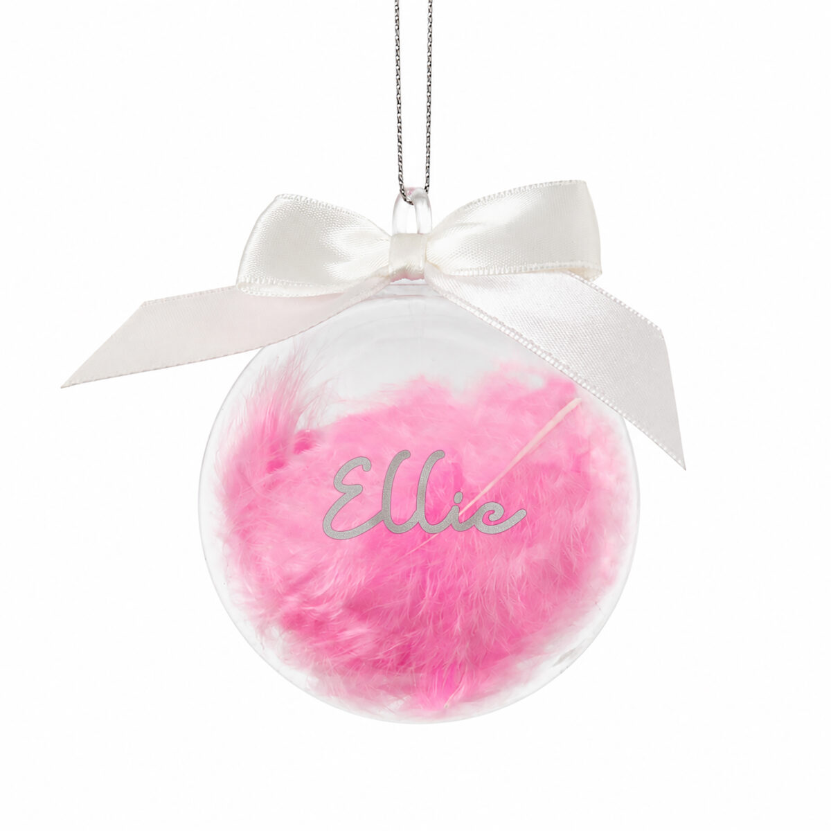 Personalised Pink Feather Name Glass Bauble With Ribbon - Image 3