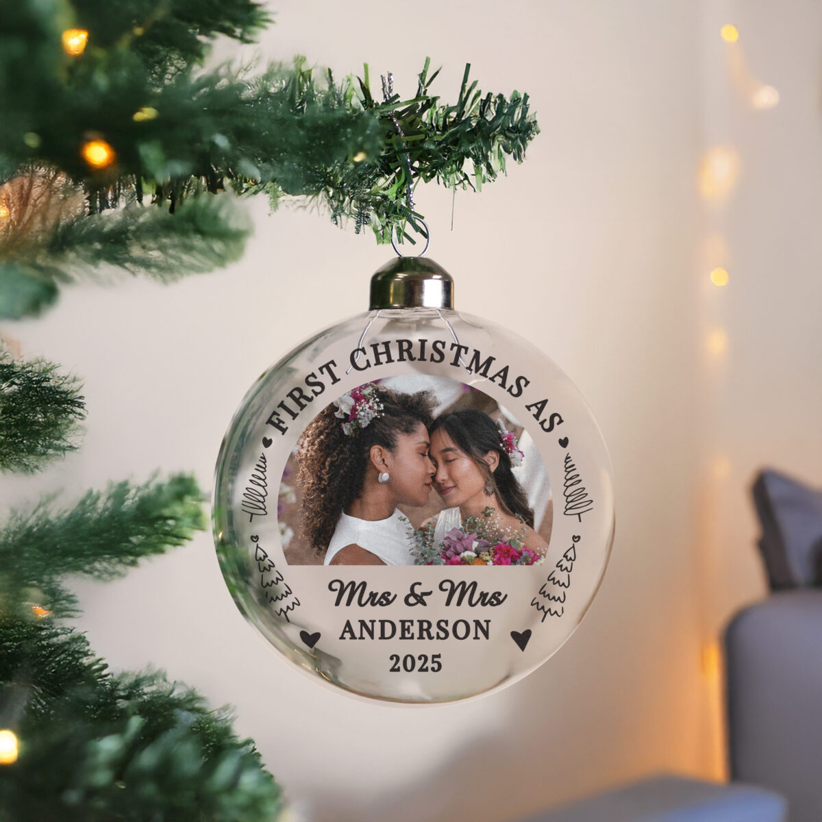 Personalised First Married Christmas Photo Upload Glass Bauble - Image 2