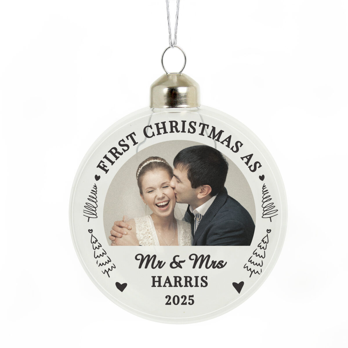 Personalised First Married Christmas Photo Upload Glass Bauble - Image 3