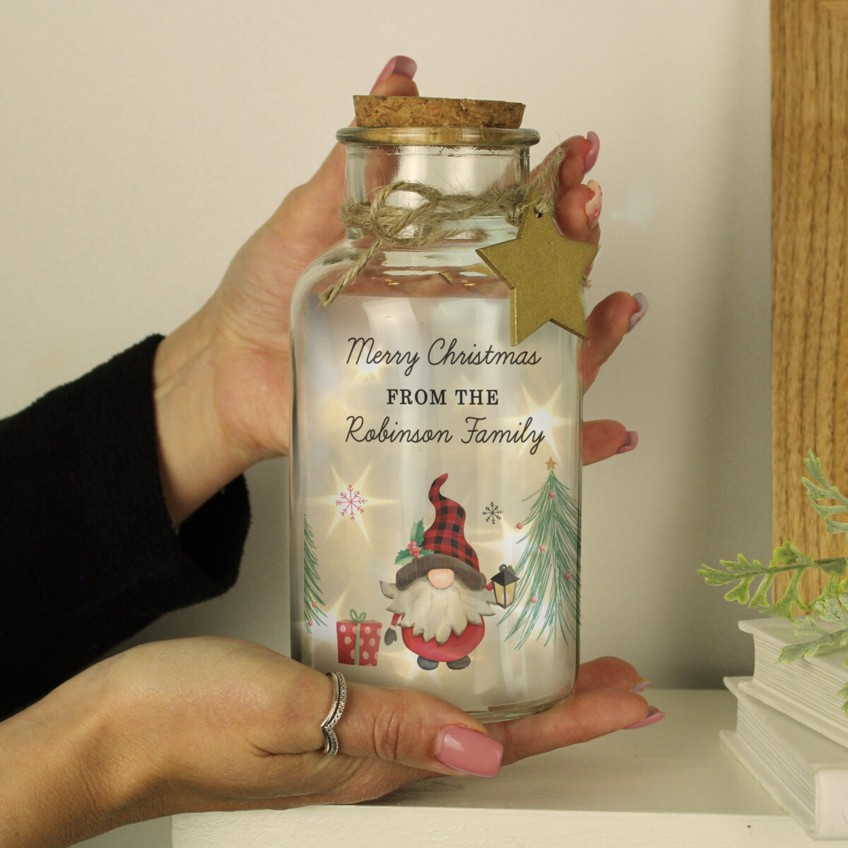Personalised Gonk Christmas Scene LED Glass Jar - Image 2