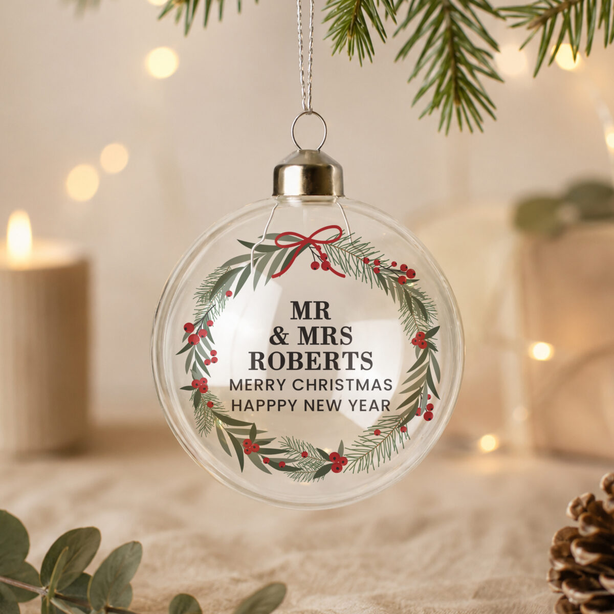 Personalised Green Christmas Wreath Glass Bauble - Image 2