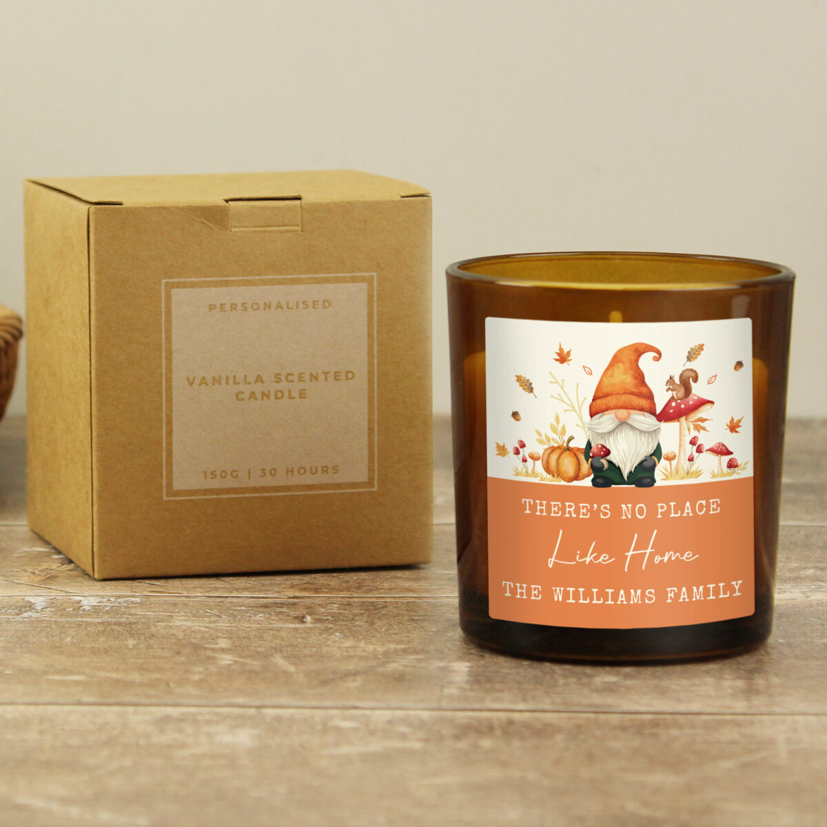 Personalised Autumn Gonk Amber Glass Candle - Image 2