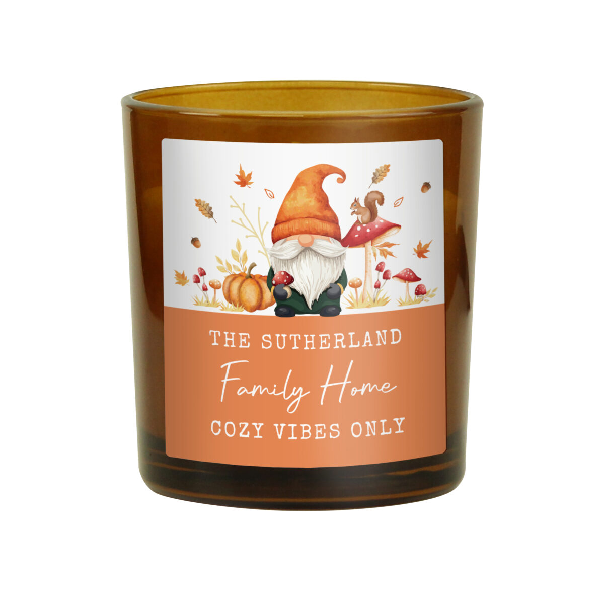 Personalised Autumn Gonk Amber Glass Candle - Image 3