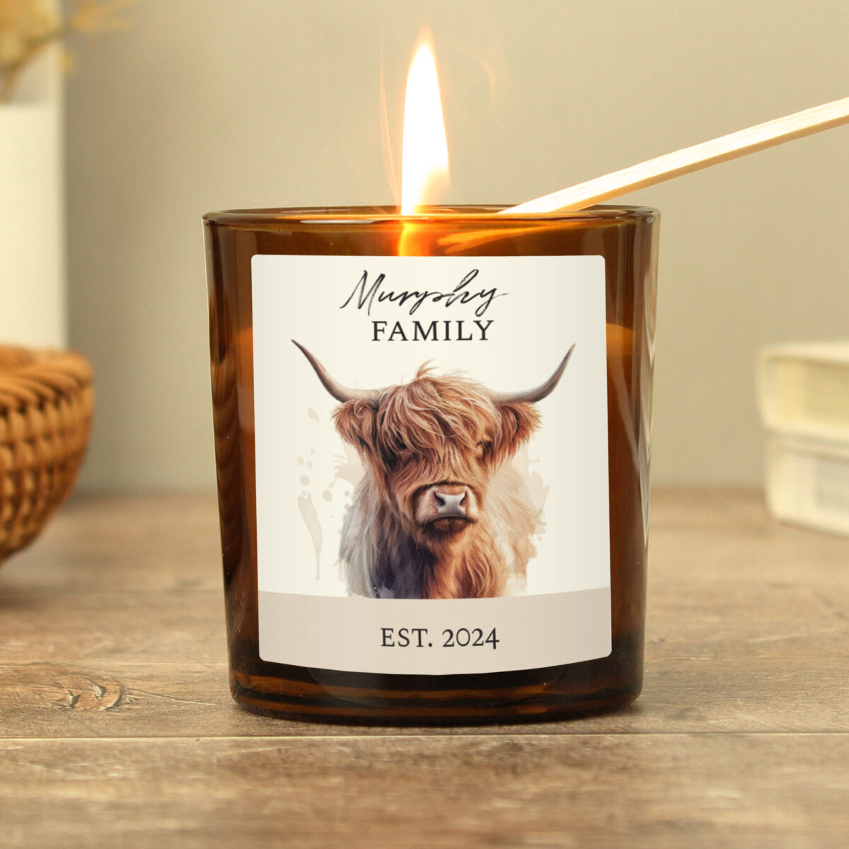 Personalised Highland Cow Amber Glass Candle - Image 2