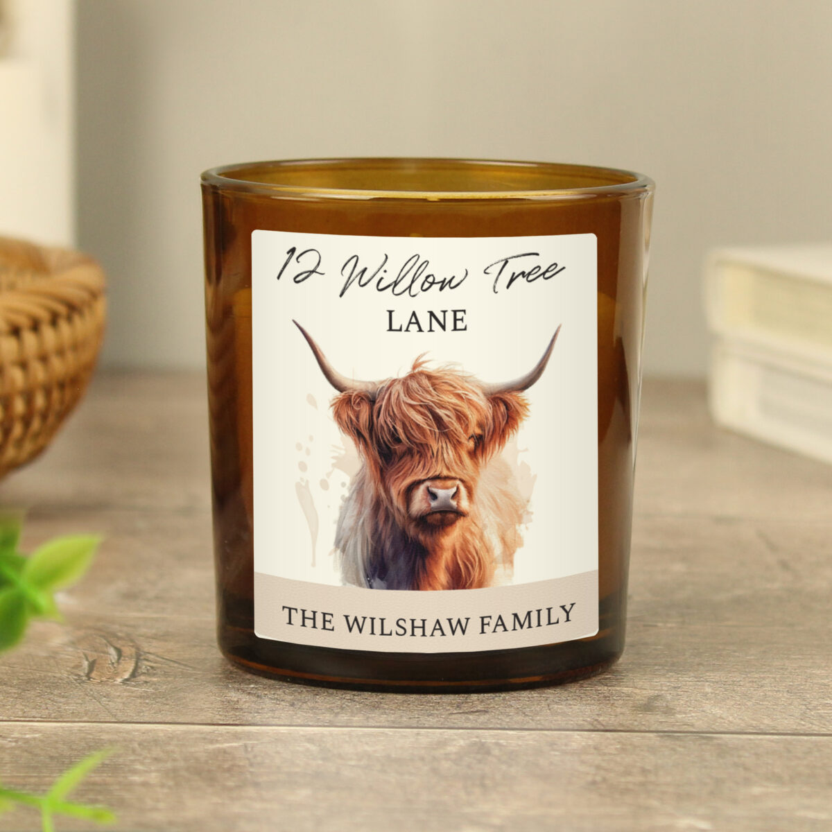 Personalised Highland Cow Amber Glass Candle - Image 3