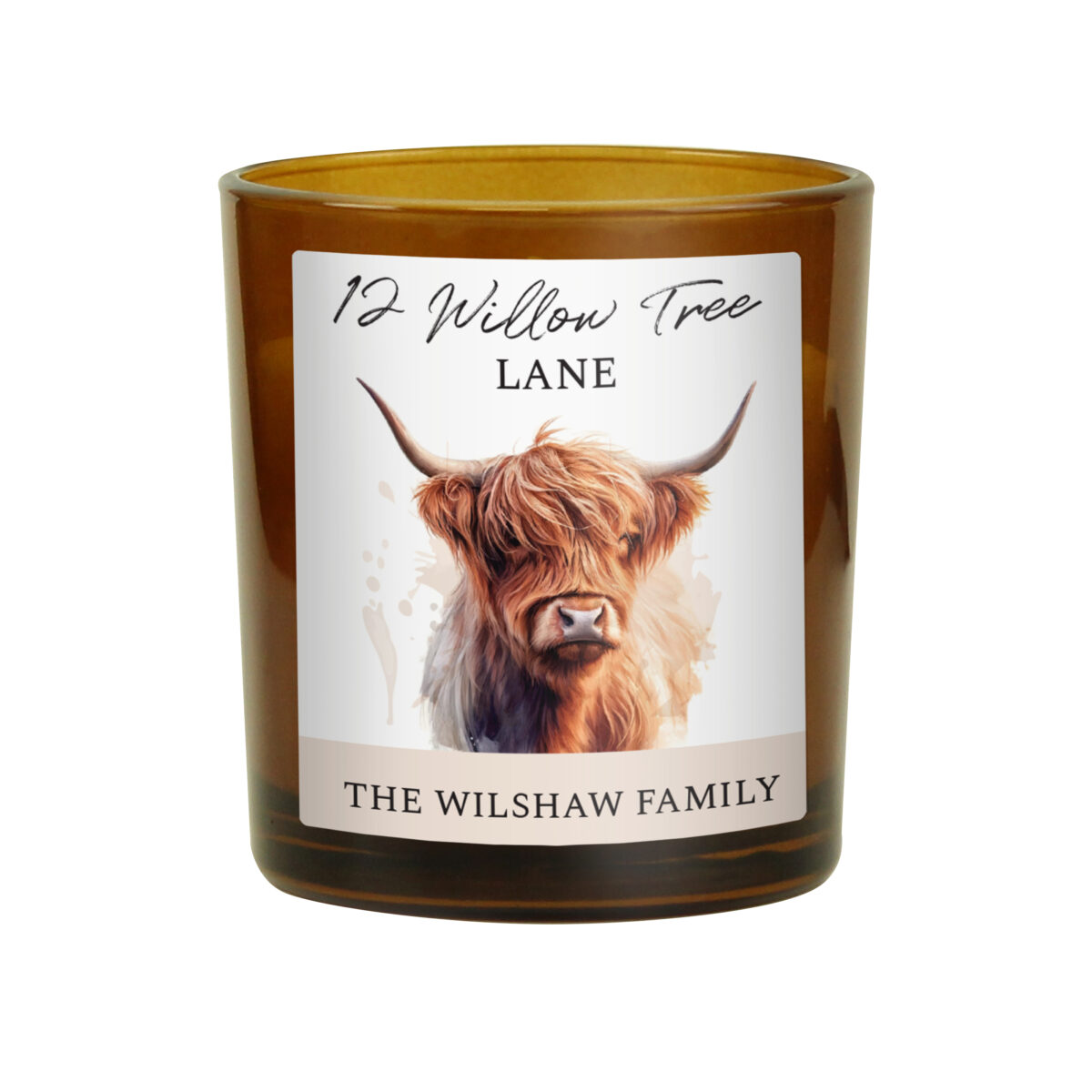 Personalised Highland Cow Amber Glass Candle - Image 4