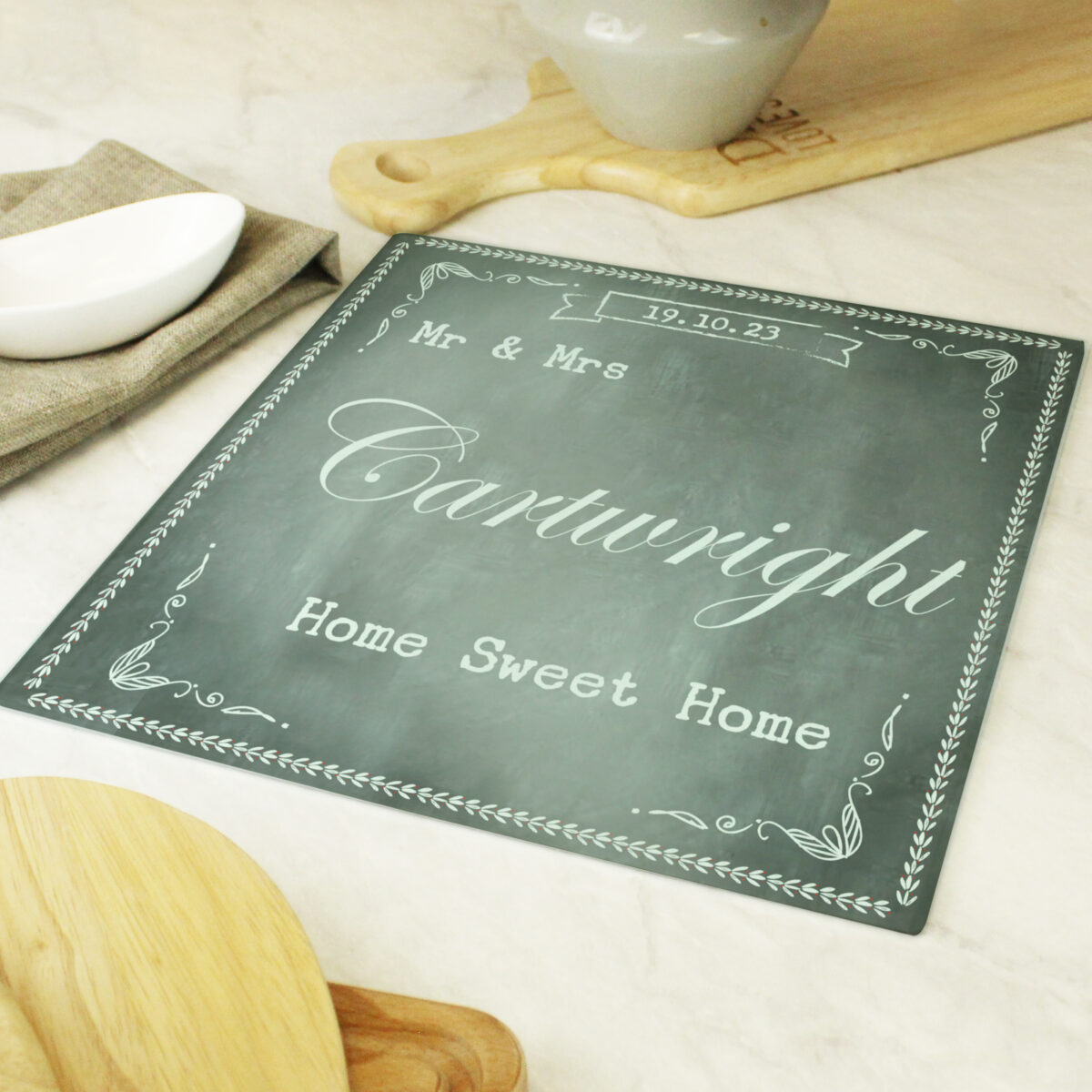 Personalised Family Chalk Glass Chopping Board/Worktop Saver - Image 2