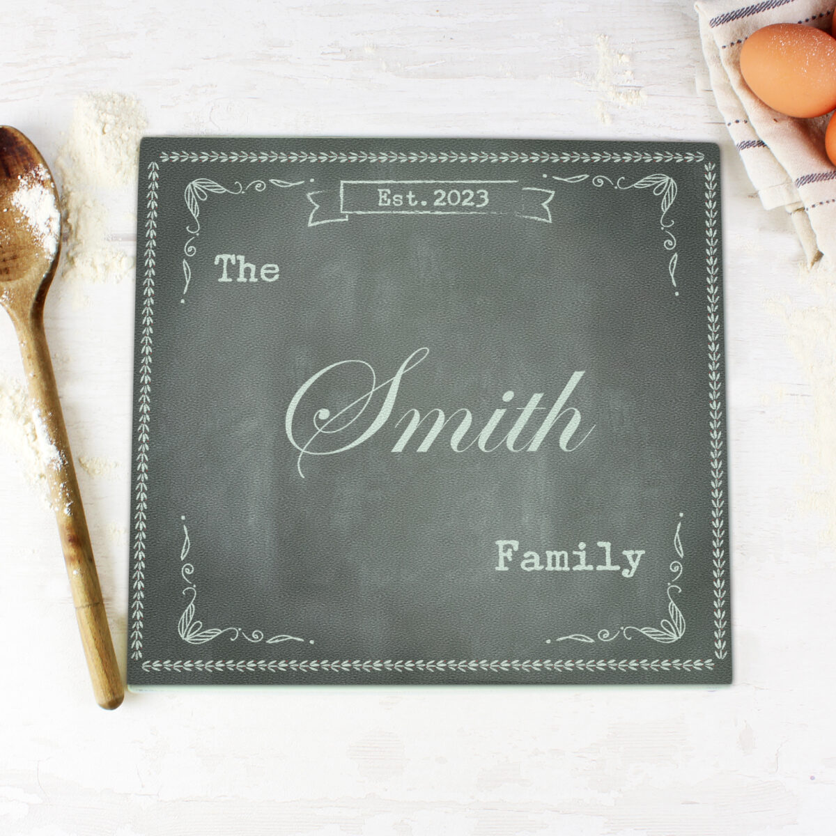 Personalised Family Chalk Glass Chopping Board/Worktop Saver - Image 3