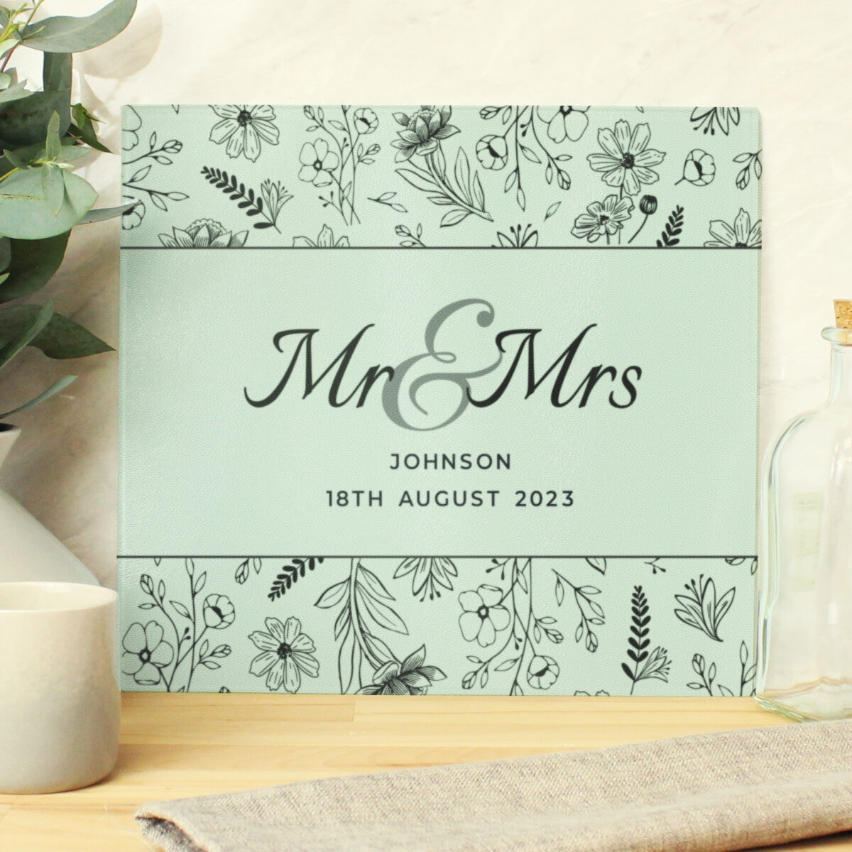 Personalised Mr & Mrs Botanical Glass Chopping Board/Worktop Saver - Image 2