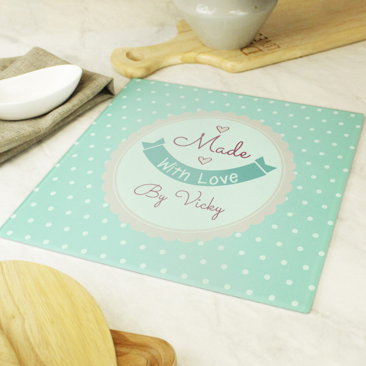 Personalised Made with Love Glass Chopping Board/Worktop Saver - Image 3