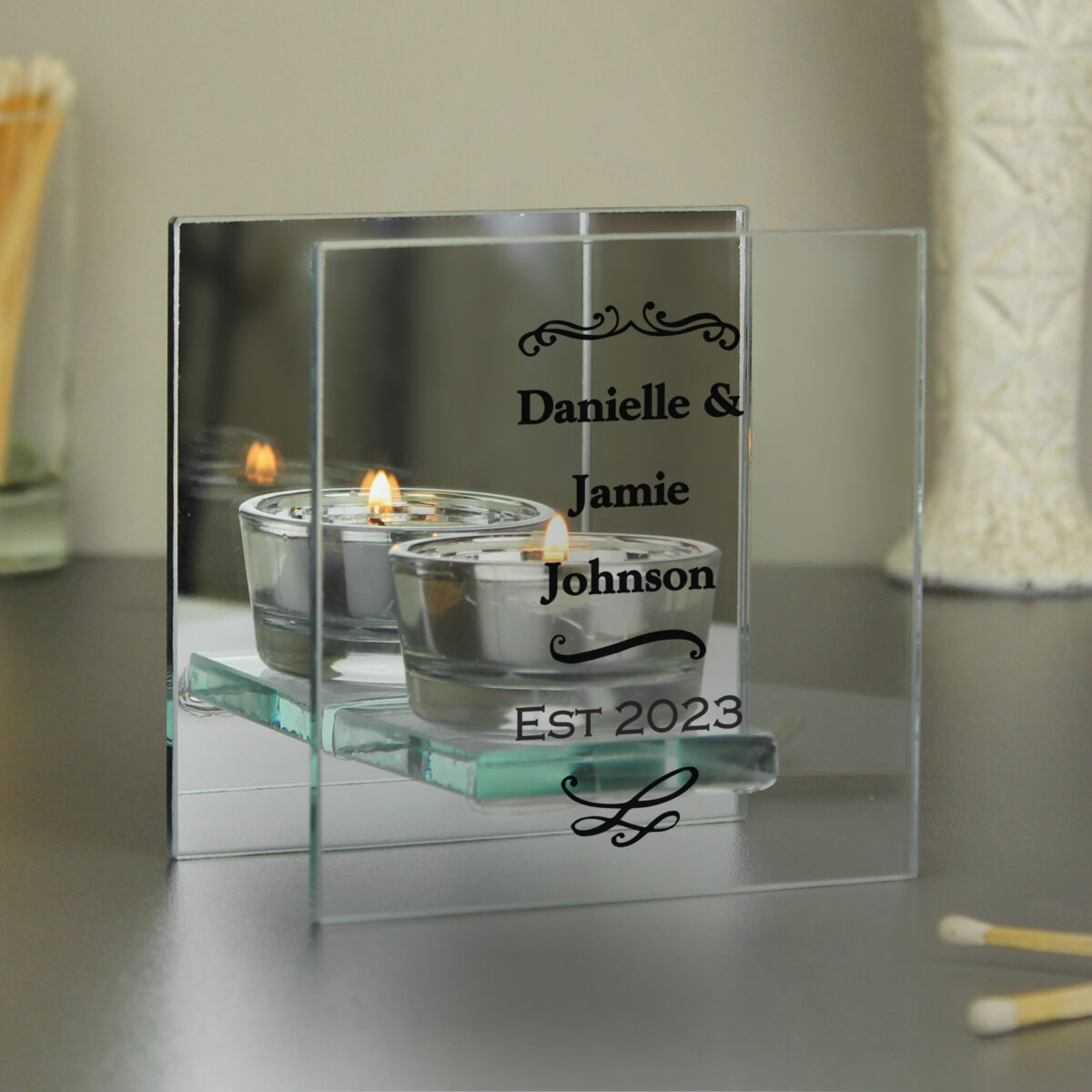 Personalised Antique Scroll Mirrored Glass Tea Light Candle Holder - Image 2