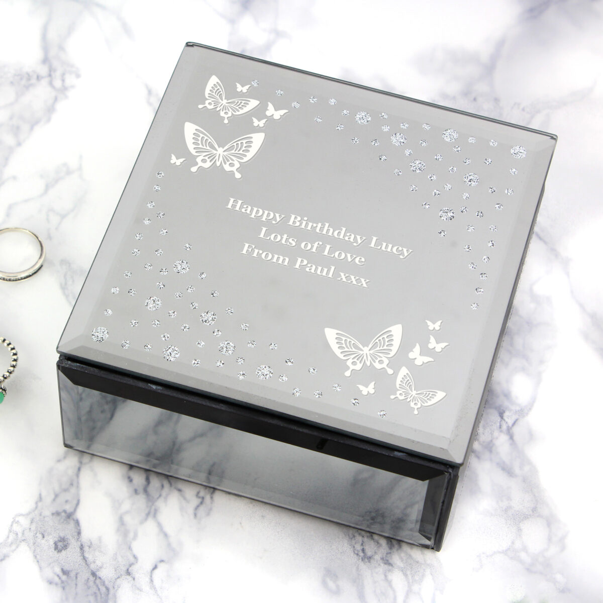 Personalised White Butterfly Diamante Glass Trinket Box - Image 7