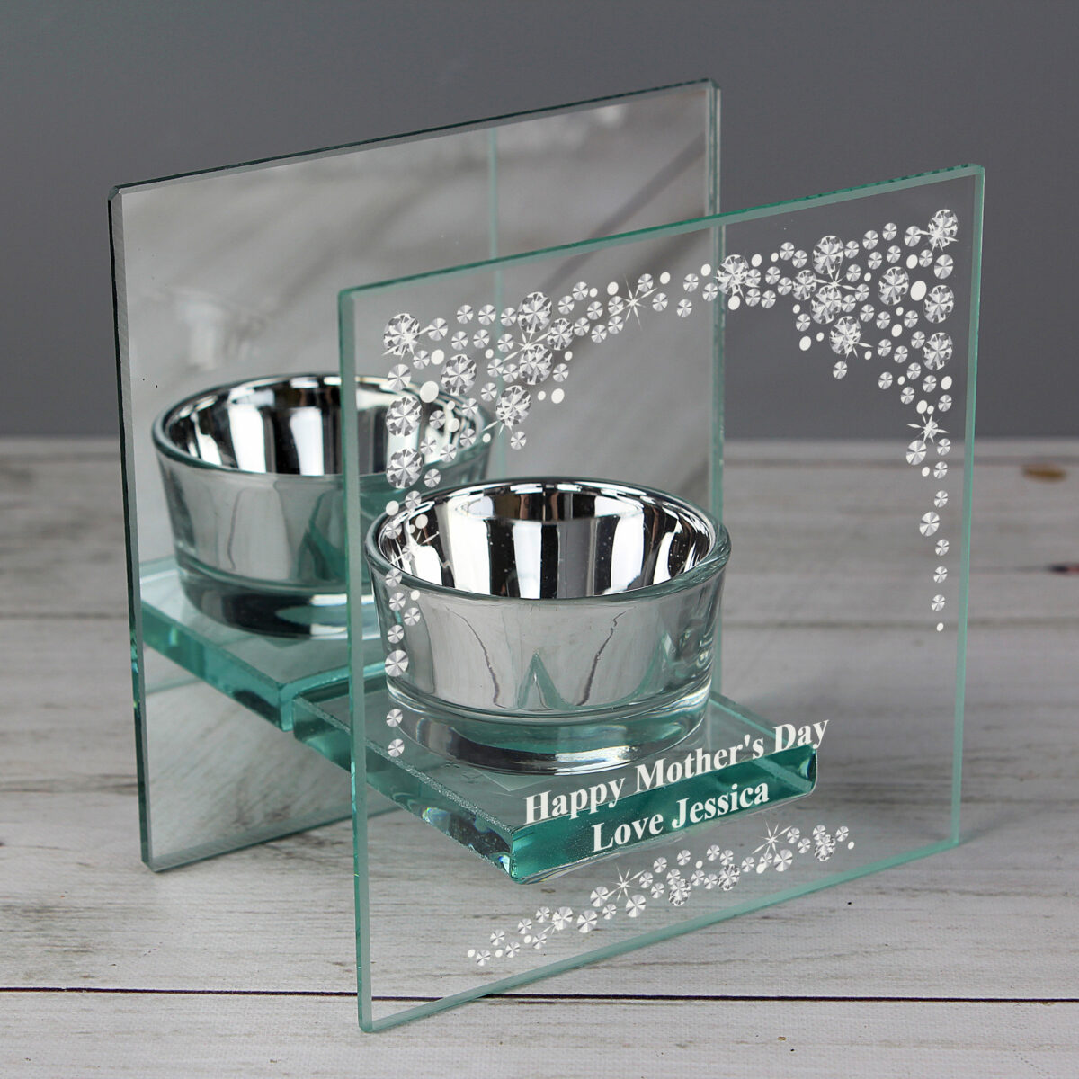 Personalised Diamante Effect Mirrored Glass Tea Light Candle Holder - Image 2