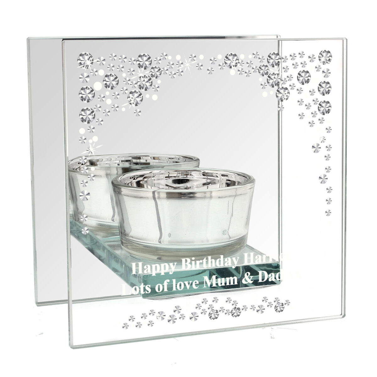Personalised Diamante Effect Mirrored Glass Tea Light Candle Holder - Image 3
