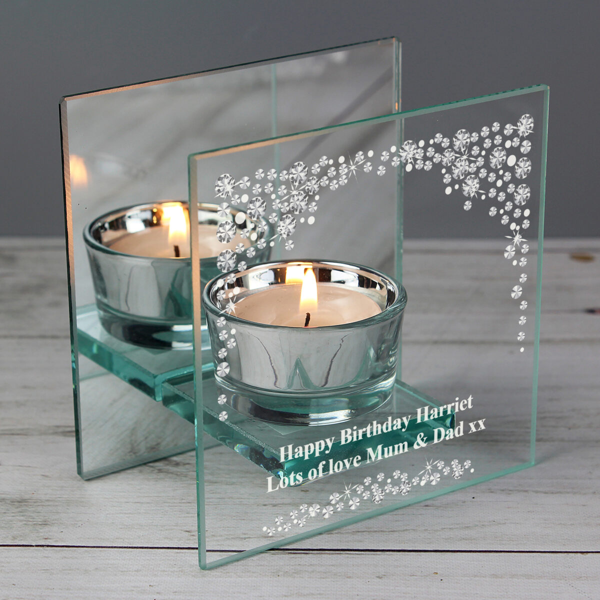 Personalised Diamante Effect Mirrored Glass Tea Light Candle Holder - Image 5