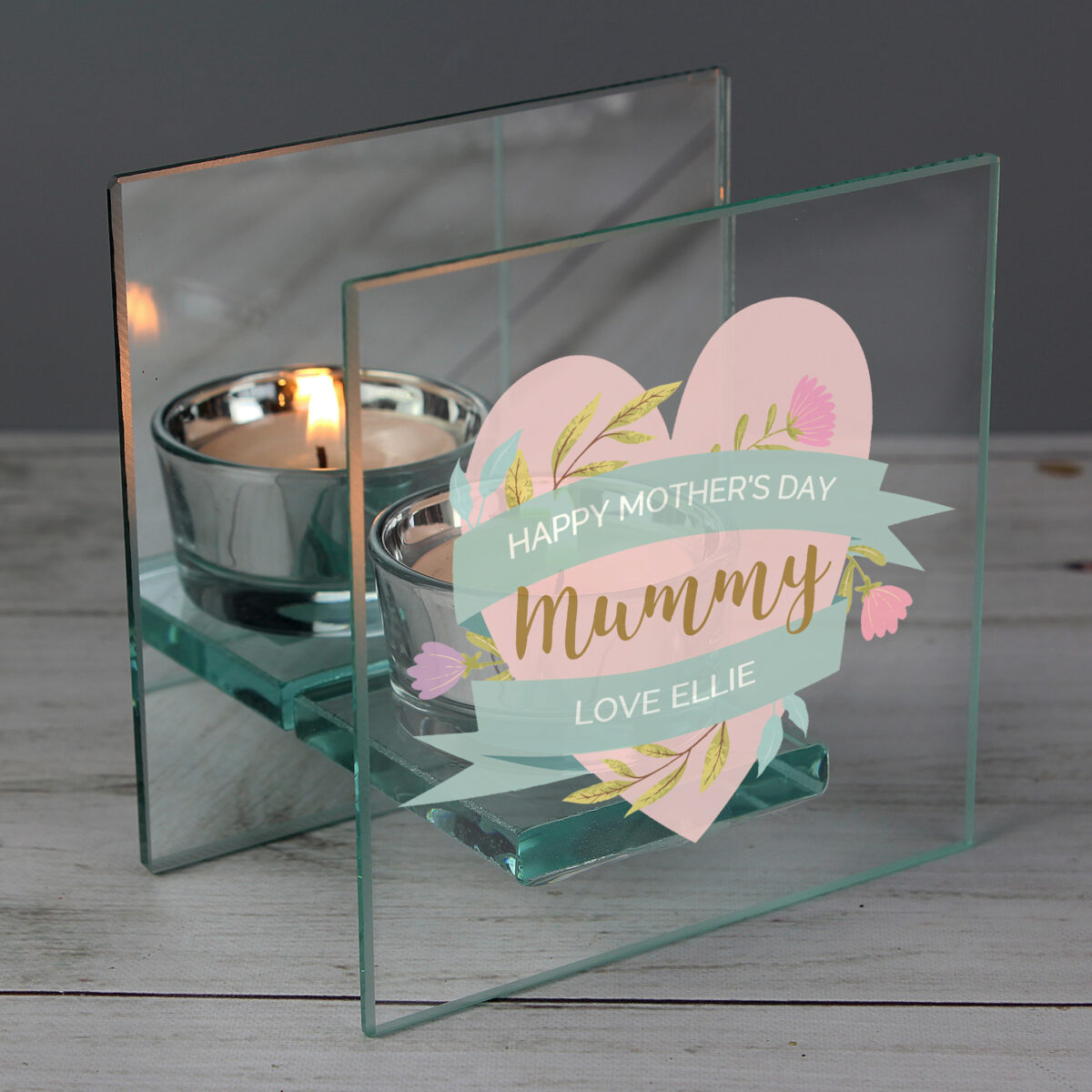 Personalised Floral Heart Mothers Day Mirrored Glass Tea Light Holder - Image 2