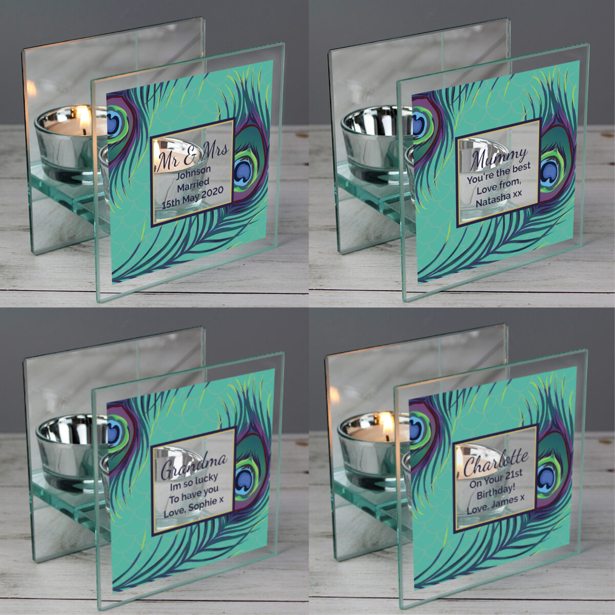 Personalised Peacock Mirrored Glass Tea Light Candle Holder - Image 2