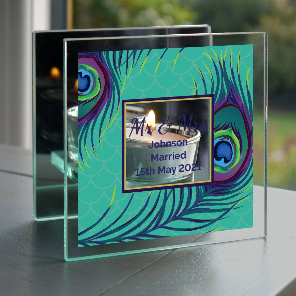 Personalised Peacock Mirrored Glass Tea Light Candle Holder - Image 3