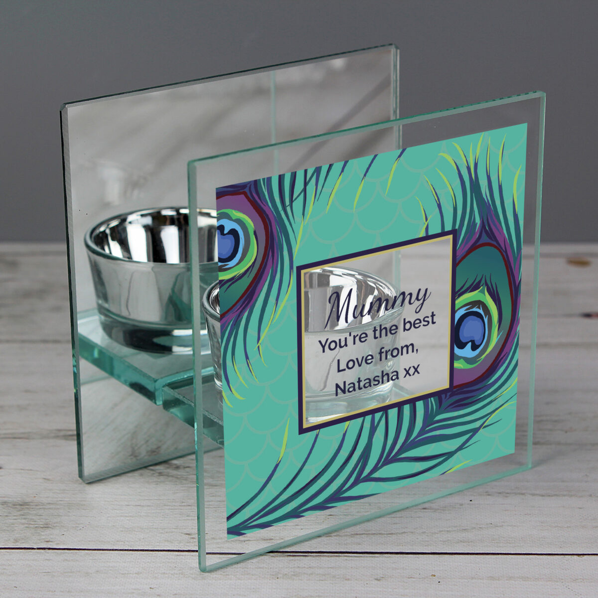 Personalised Peacock Mirrored Glass Tea Light Candle Holder - Image 4