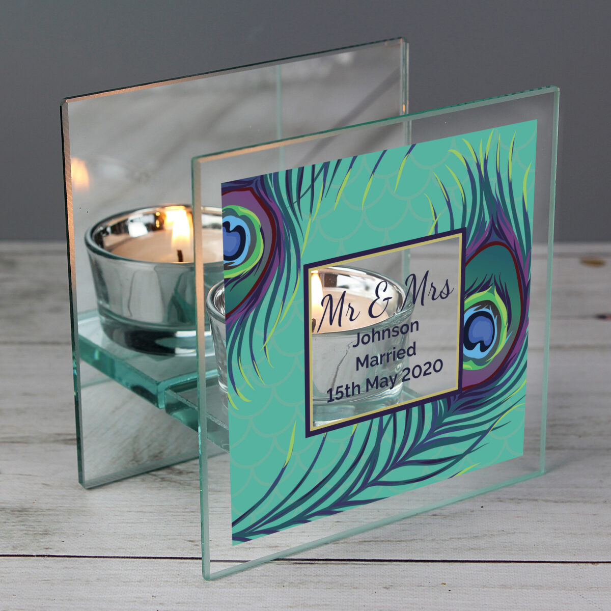 Personalised Peacock Mirrored Glass Tea Light Candle Holder - Image 5
